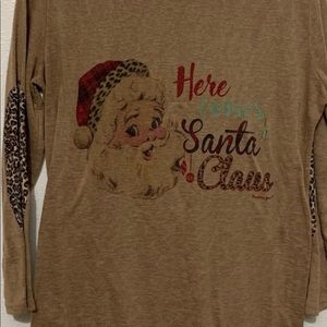 Christmas long sleeve brown w leopard print elbows “Here comes Santa Claus”